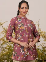 Pink Printed Silk Blend A-Line Kurti - Image 2