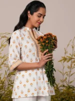 White Printed Cotton Straight Kurti