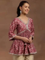 Pink Printed Silk Blend A-line Kurti - Image 2