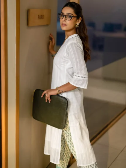 White Printed Cotton Straight Kurta