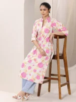 Pink Printed Cotton Blend Straight Kurta - Image 2