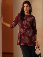 Maroon Printed Silk Blend Straight Short Kurti