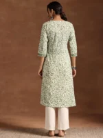 Green Printed Cotton Straight Kurta - Image 3