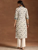 Off White Printed Cotton Straight Kurta - Image 4