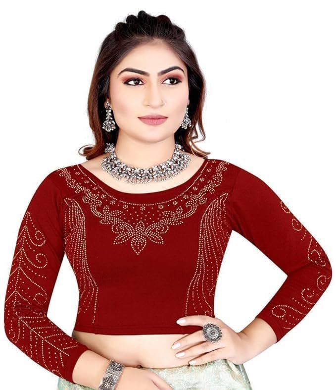 51FdKiAXwJL.jpg Full Diamond Stylish Readymade Stitched Stretchable Blouses, Readymade Cotton Lycra Round Neck Full Sleeve Blouse for Women - Image 1
