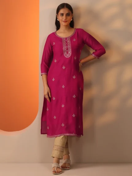 Pink Embroidered Silk Blend Straight Kurta