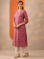 Mauve Embroidered Silk Blend Straight Kurta - Image 2