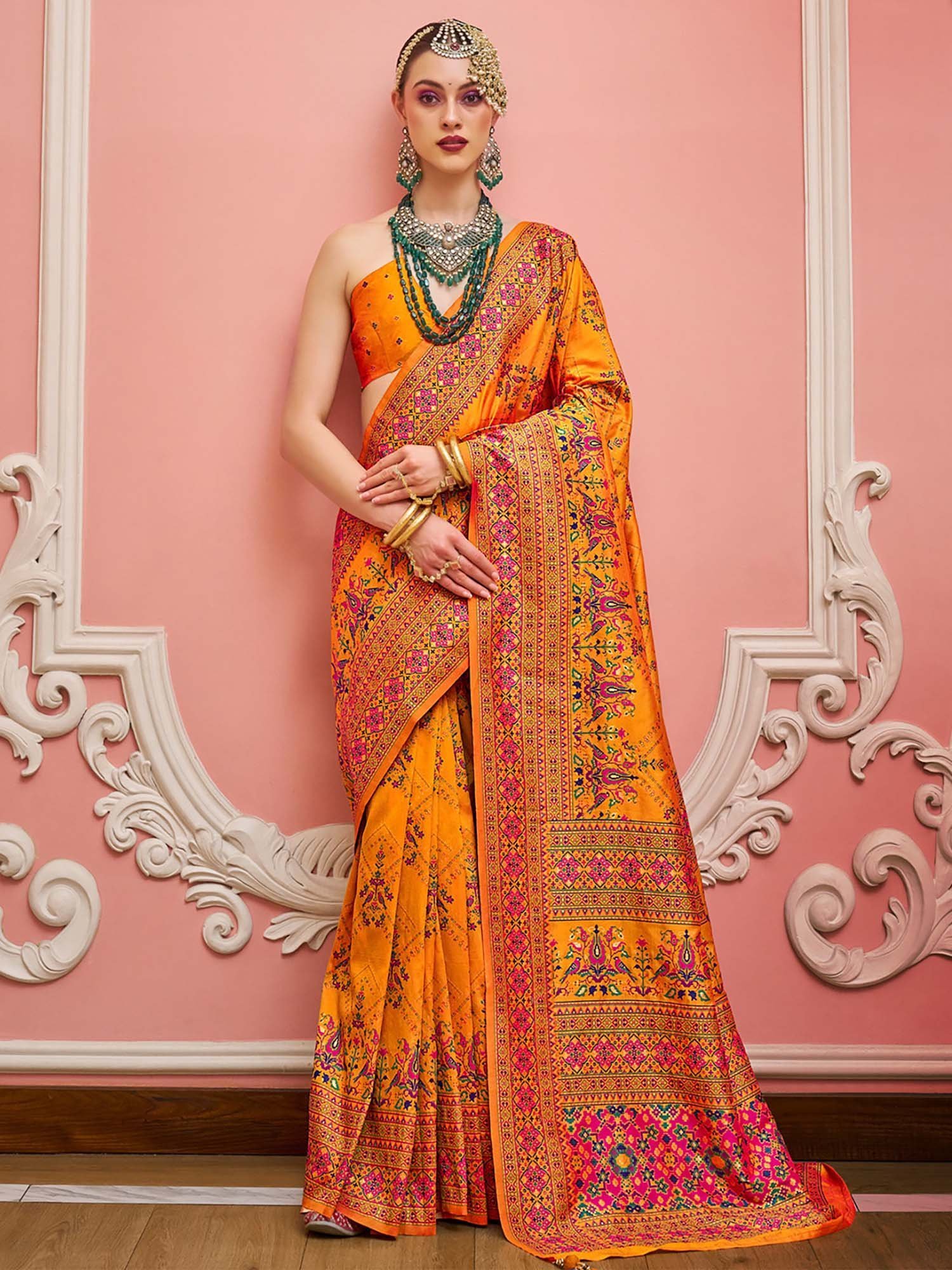 657bf6dKSHMR434RW_1.jpg Womens Silk Blend Yellow Woven Design Saree with Unstitched Blouse - Image 1