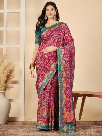 Pink Woven Viscose Saree with Unstitched Blouse