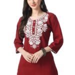 Kurti for Women - Short Chikankari Kurtis for Girls, Lakhnawi Tunic Top Kurta Design for Ladies, Woman Ethnic Kurthis & Shirt with Sleeve, Plain Straight Embroidery for Office