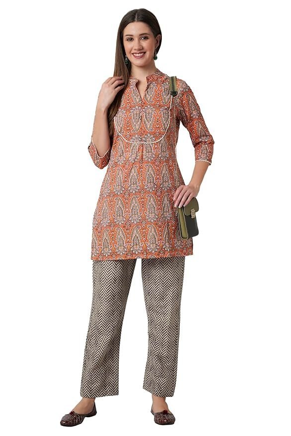 81vzeInwPFL._SY879_.jpg Women's Cotton Short Kurta with Pants - (Orange) - Image 1