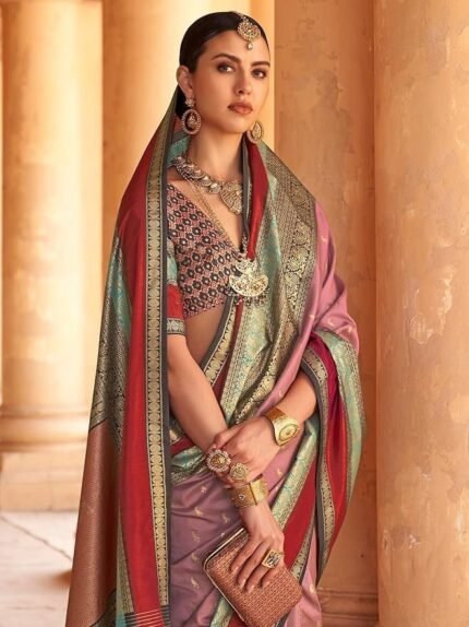 Women's Woven Design Peacock Print Silk Blend Saree with Unstitched Blouse Piece