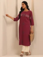 Red Printed Cotton Blend Straight Kurta - Image 4