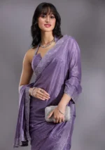 Violet Silver Stonework Satin Saree - Image 2