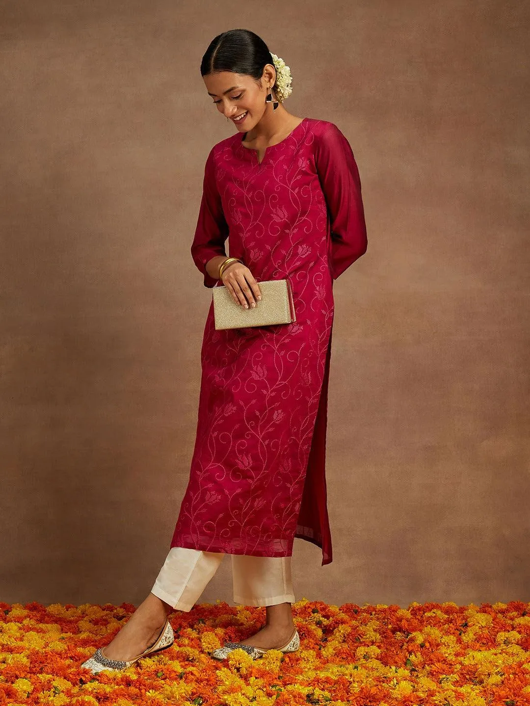 hot-pink-embroidered-chanderi-silk-straight-kurta-libas-1.webp Hot Pink Embroidered Chanderi Silk Straight Kurta - Image 1
