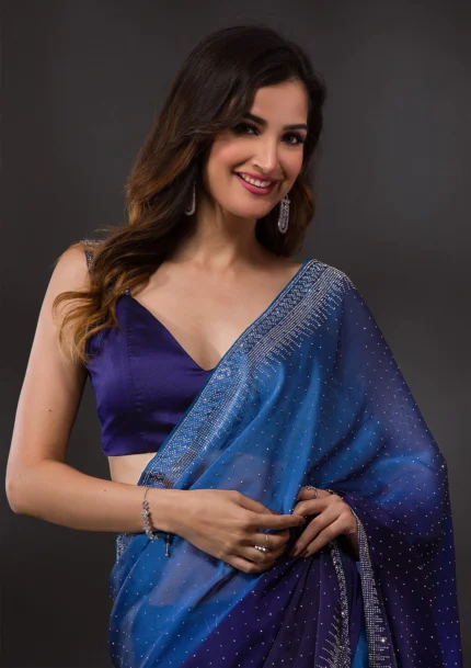 Ombre Navy Blue Stonework Satin Designer Saree