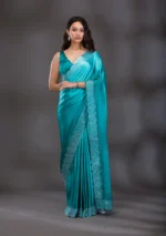 Sea Green Swarovski Satin Saree - Image 3