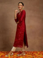 Red Embroidered Chanderi Silk Straight Kurta - Image 3