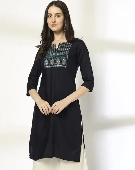 473Wx593H-443066658-navy-MODEL.webp Women Zig-Zag Cross Stitch Embroidered Straight Kurta - Image 1