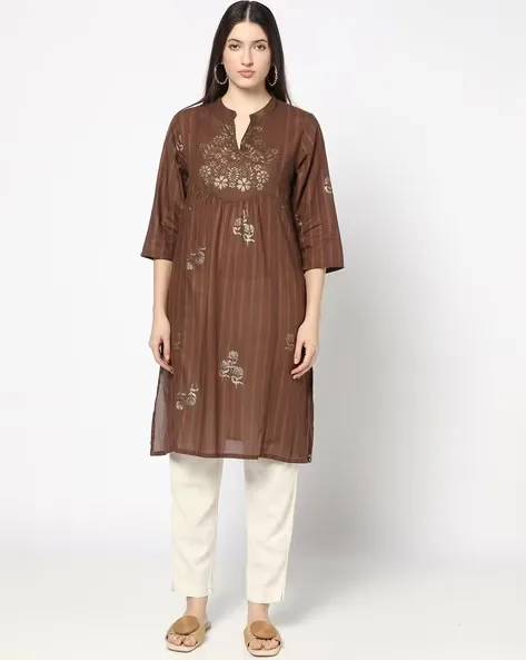 473Wx593H-443088559-brown-MODEL4-Copy.webp Women Floral Print Gathered A-Line Kurta - Image 1