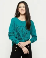 Women Leaf Print Relaxed Fit Round-Neck T-Shirt - Image 5
